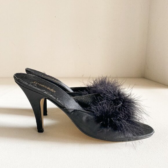 Vintage Fredric's Of Hollywood Black Satin Feather Accent Bedroom Heels 9 - Picture 5 of 11